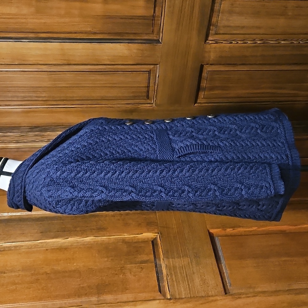 Aran Crafts 100% Merino Wool Button Up Cable Knit Double Busted Dark Blue Sz XS - Picture 2 of 9